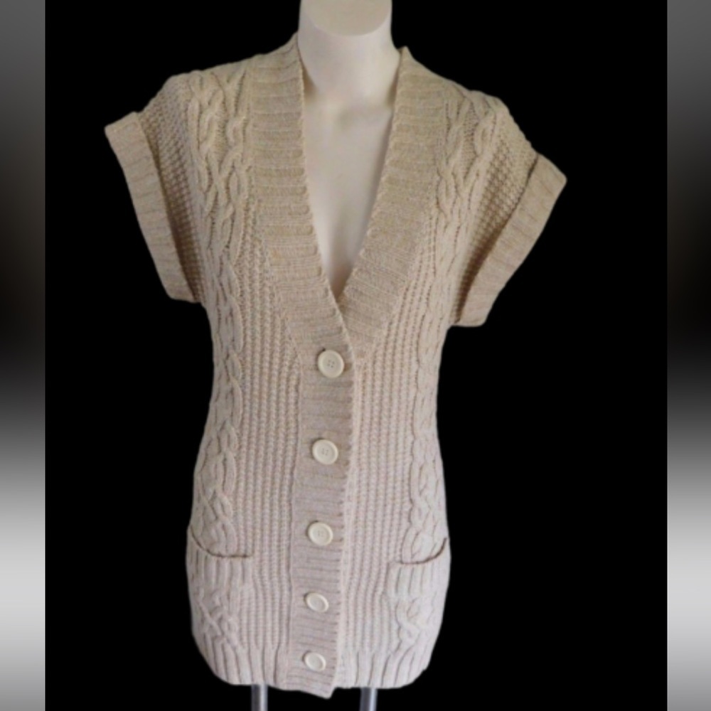 Express Cable Knit Long Cardigan CapSleeve w/Pockets Medium Ivory Gold WoolBlend